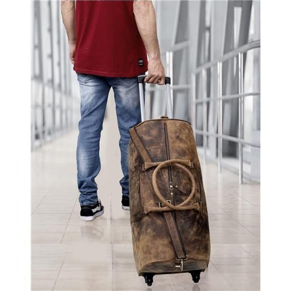 24 Inch Genuine Leather Trolley Duffel Travel Bag for Men and Women